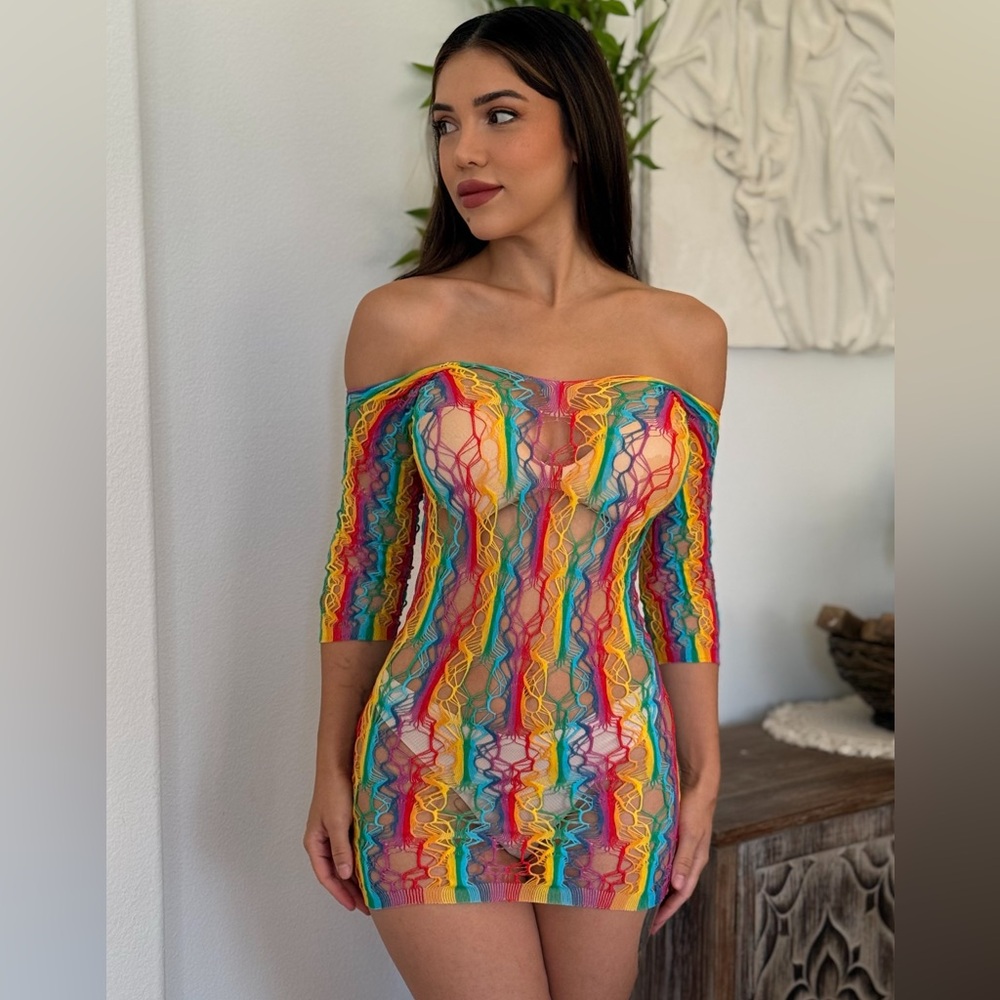Colorful Off-Shoulder Mesh Dress